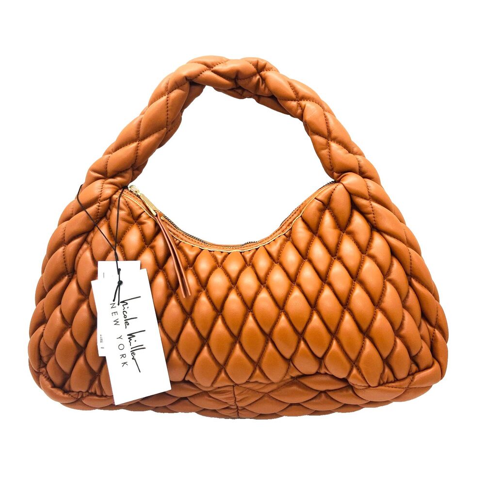 NICOLE MILLER medium Brown Cognac Hobo Tote Quilted Shoulder Bag New